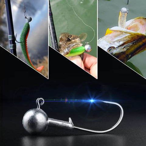 25 Pack 3/16 Oz Barb Jig Head Hooks With Knockout Sharp Blood Grooved Points And Heavy Duty Carbon Stainless Steel, shown on lure and fish.