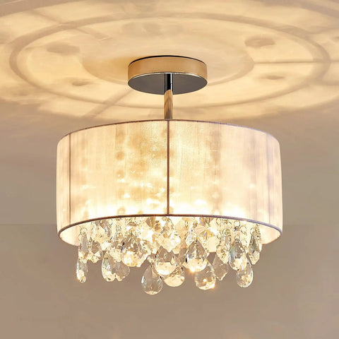 Dope Modern Crystal Chandelier Ceiling Light Fixture With White Fabric Shade And Chrome Finish, 13 Inch Diameter By 14 Inch Tall, E26 Socket, Living Room Lighting, Drum Style Ambient Lighting