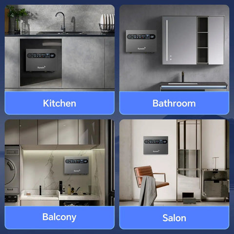 Sleek Compact 8kw Tankless Electric Water Heater Pumping Hot Water On Demand in kitchen and bathroom settings with LED controls.