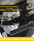 Nine Sixteenth Inch Eighteen Thread Trailer Leaf Spring Shackle Bolts With Nuts Three And One Half Inch Long Four Pack shown installed on axle