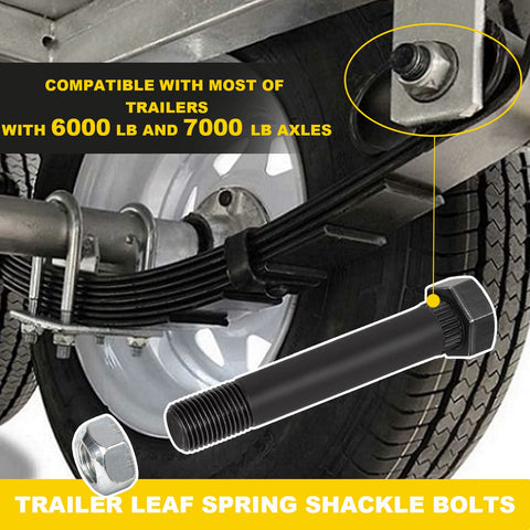 Nine Sixteenth Inch Eighteen Thread Trailer Leaf Spring Shackle Bolts With Nuts Three And One Half Inch Long Four Pack shown installed on axle