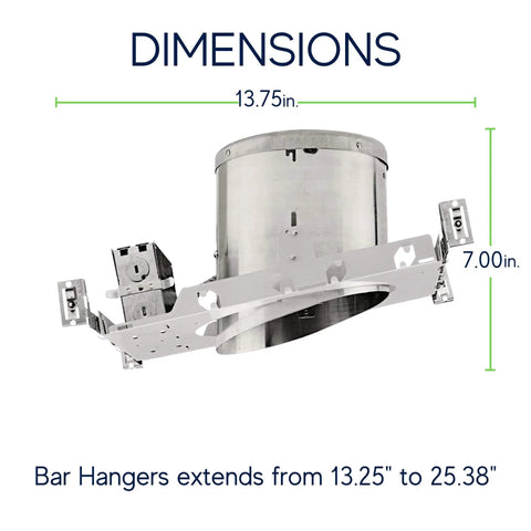 Six Inch LED Recessed Can Light For New Construction With Air Tight IC Housing Sloped Ceiling Compatible TP24 Base Energy Efficient 6 Inch Can Pack Of Four Recessed Lighting That Keeps Insulation Safe And Cool dimensions diagram