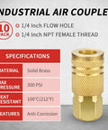 Pro Grade Brass One Quarter Inch Internal Thread Air Couplers Pack Of 10 For Quick Connects On Air Hoses, NPT Compatible