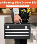 Person carrying Beefy Heavy Duty 3 Drawer Metal Toolbox With Top Storage Tray And Carrying Handle Portable Steel Tool Chest For Garage Or Workbench Anti Slip Liner Multi Function Tool Organizer For Home Projects Black