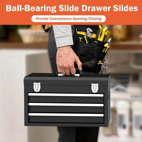 Person carrying Beefy Heavy Duty 3 Drawer Metal Toolbox With Top Storage Tray And Carrying Handle Portable Steel Tool Chest For Garage Or Workbench Anti Slip Liner Multi Function Tool Organizer For Home Projects Black