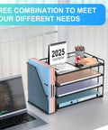 Black 4-Tier Paper Organizer With Magazine Holder on desk, holds A4 papers, files, books, and accessories, desktop storage.