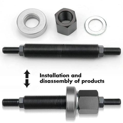 Chevy Harmonic Balancer Installation Tool for 350 Small Block and Big Block Cranks SBC BBC Super Easy To Use Press Tool Replacement for 66515 Durable V8 Chevy Engines with threaded rod, nut, washers, and bearing.