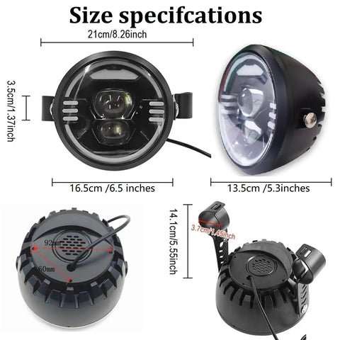 Ultra Bright E Bike Headlight With Built In Horn And Speaker Multi Beam Front Light For Fat Tire Ebikes size specs