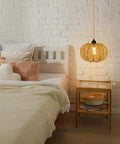 Plug In Pendant Light With Hand Woven Rattan Shade And Nifty Dimmer Switch Chill Boho Ceiling Lamp For Bedroom Or Living Room Includes Bulb Plus 15 Foot Hemp Rope Cord Vintage Paper Weave over bed with pastel pillows.