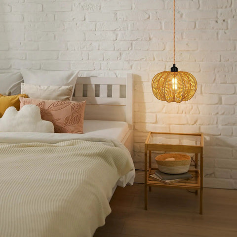 Plug In Pendant Light With Hand Woven Rattan Shade And Nifty Dimmer Switch Chill Boho Ceiling Lamp For Bedroom Or Living Room Includes Bulb Plus 15 Foot Hemp Rope Cord Vintage Paper Weave over bed with pastel pillows.