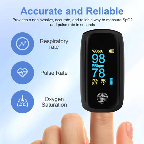 Rechargeable Finger Pulse Oximeter With SpO2 And Pulse Rate, Respiratory Monitoring, fast readings, OLED touchscreen on finger