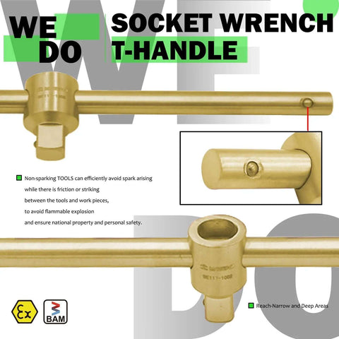 Heavy Duty Aluminum Bronze Non Sparking Socket Set Ratchet T Handle Flex Extensions Die Forged Rock Solid Tools Built Tough For Demanding Auto Mechanic Jobs On Site close-up of T-handle socket wrench.