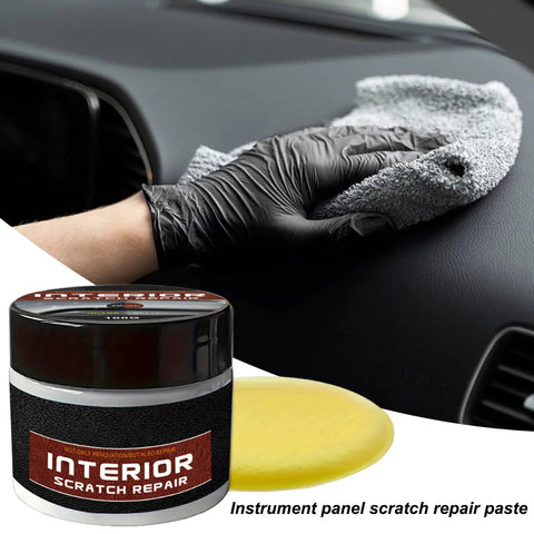 Interior Scratch Remover Kit for Dashboards and Vehicle Surfaces, showing repair set and wax in use on car dashboard