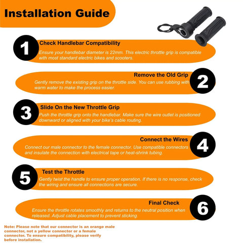 Installation guide for Full Twist Ebike Throttle Grip 3 Pin Waterproof Joint Right Hand 12V To 72V Compatible fits 22.2mm handlebar