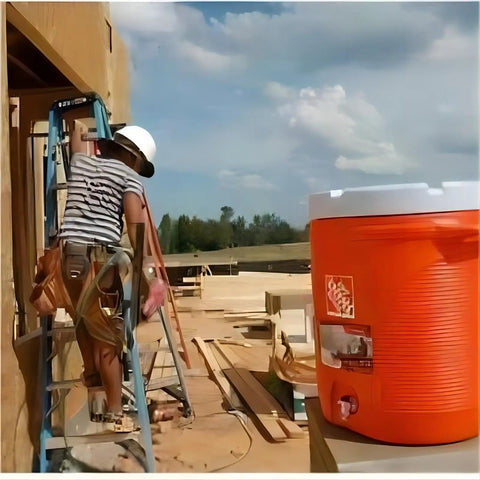 Construction site with orange cooler featuring Spigot Replacement Kit For Push Button Water Coolers No Fuss Easy Install 1 Pack