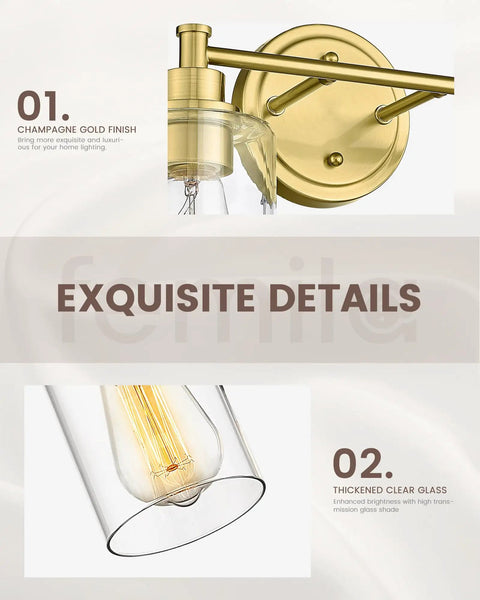 Farmhouse Style Bathroom Vanity Light Fixture With Champagne Gold Finish And Clear Glass Shade for vintage vibe
