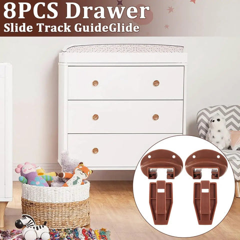 Premium 8 Pack Drawer Slide Replacement Kit Featuring Smooth Roller Tracks Heavy Duty Plastic Guides Complete Mounting Hardware For Commercial Dressers Rolls Smooth As Butter displayed with brown plastic guides beside a white dresser.