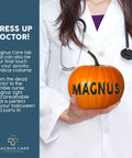 White Unisex Lab Coat For Med Pros Durable Knee Length Cotton Poly Coat For Doctors Nurses And Lab Technicians Keeps Scrubs Protected Professional Fit with stethoscope and pumpkin.