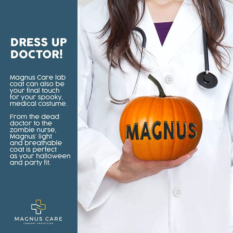 White Unisex Lab Coat For Med Pros Durable Knee Length Cotton Poly Coat For Doctors Nurses And Lab Technicians Keeps Scrubs Protected Professional Fit with stethoscope and pumpkin.