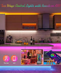 100ft LED Strip Lights For Bedroom And Living Room With App Control And Music Sync RGB, kitchen lit in pink and orange with app screen