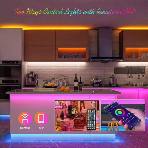 100ft LED Strip Lights For Bedroom And Living Room With App Control And Music Sync RGB, kitchen lit in pink and orange with app screen