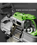 Close-up of Rock Solid Electric Desktop Woodworking Saw With 1100W Motor showing precision cut feature and green handle design.