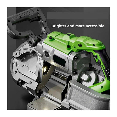 Close-up of Rock Solid Electric Desktop Woodworking Saw With 1100W Motor showing precision cut feature and green handle design.