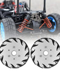 127mm Omnidirectional Wheels For Robotic Cars 45Kg Load 2 Pack Mecanum Wheel Kit For Education Projects Four Way Mobility Quiet And Stable Perfect For Robotics Kits Car Mods And Learning, featuring dual omni wheels front view with visible robotic car suspended structure.