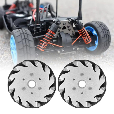 127mm Omnidirectional Wheels For Robotic Cars 45Kg Load 2 Pack Mecanum Wheel Kit For Education Projects Four Way Mobility Quiet And Stable Perfect For Robotics Kits Car Mods And Learning, featuring dual omni wheels front view with visible robotic car suspended structure.