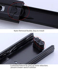 Close-up of nylon removal buckle on Heavy Duty Pair Of Black Metal Three Section Full Extension Drawer Slides Featuring Quiet Ball Bearing Tracks And Smooth Side Mount Glides Built Tough To Slide Like Butter For Drawers Up To Twenty Five Inches.