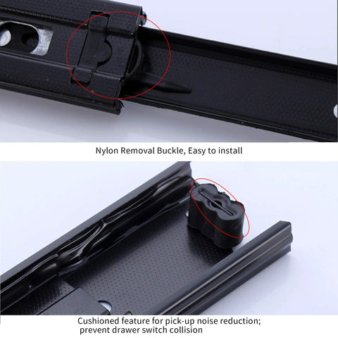 Close-up of nylon removal buckle on Heavy Duty Pair Of Black Metal Three Section Full Extension Drawer Slides Featuring Quiet Ball Bearing Tracks And Smooth Side Mount Glides Built Tough To Slide Like Butter For Drawers Up To Twenty Five Inches.