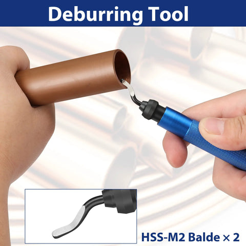 WORKPRO tubing cutter with blue handle cutting copper pipe; deburring blade visible