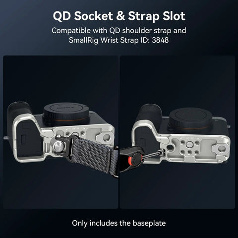 Base Plate For Sony A7C II And A7CR showing QD socket and strap slot with quick release Arca bottom mount.