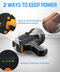 Rechargeable Spotlight Flashlight With Solar Panels, USB-C port, solar panel, battery indicator shown