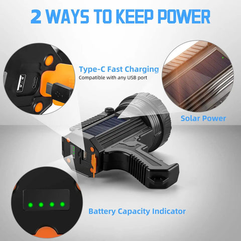 Rechargeable Spotlight Flashlight With Solar Panels, USB-C port, solar panel, battery indicator shown