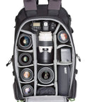 BackLight 36L Outdoor Adventure Camera Daypack Backpack In Woodland Green open showing camera gear storage sections