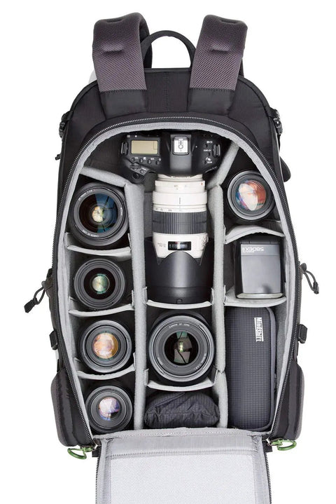 BackLight 36L Outdoor Adventure Camera Daypack Backpack In Woodland Green open showing camera gear storage sections