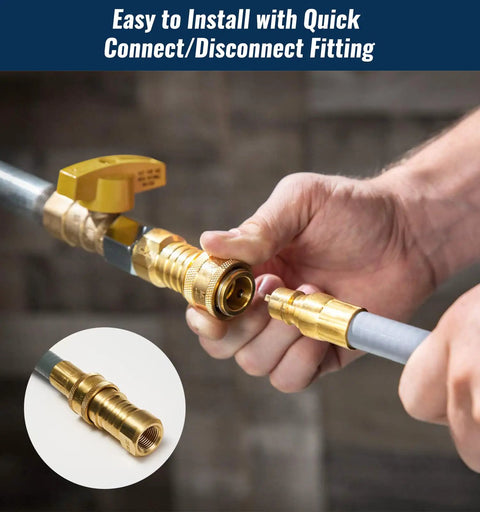 Hands connecting Forty Feet One Half Inch ID Natural Gas Grill Hose With Quick Connect Fittings showing brass connectors.