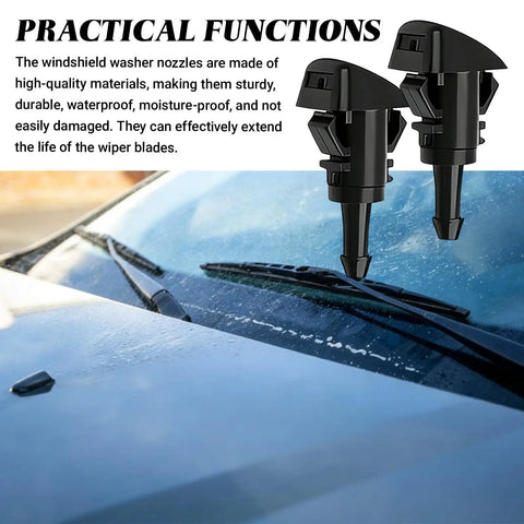 Top Shelf Universal Windshield Washer Hose Repair Kit With Four Meter Fluid Tubing Six Heavy Duty Connectors Fan Spray Nozzles and Quick Snap Clips for Your Daily Driver showing sturdy black nozzles on a windshield.