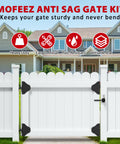 White garden gate with Mofeez Anti Sag Gate Kit installed, showing heavy duty 90 degree hinges and self-locking latch.