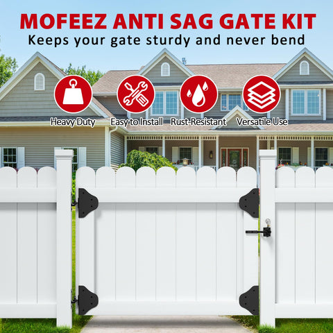 White garden gate with Mofeez Anti Sag Gate Kit installed, showing heavy duty 90 degree hinges and self-locking latch.