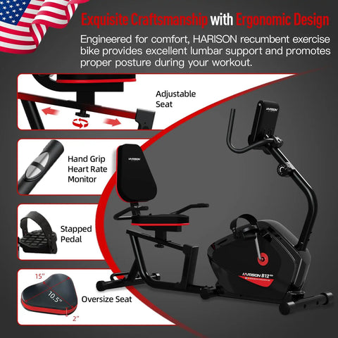 Heavy Duty Magnetic Recumbent Exercise Bike For Home Gym with adjustable seat, heart rate monitor, and sturdy pedals.