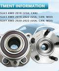 Premium Quality Fresh Pair Of Front Wheel Bearing Hub Assemblies For Tesla Model 3 And Model Y AWD, detailed fitment info shown.
