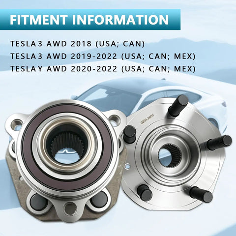 Premium Quality Fresh Pair Of Front Wheel Bearing Hub Assemblies For Tesla Model 3 And Model Y AWD, detailed fitment info shown.