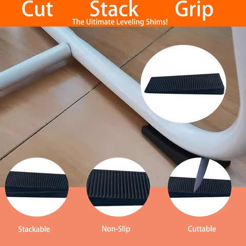 Close-up of Sixteen Piece 2.36 Inch Plastic Shims for Leveling and Anti Slip shown under desk leg on wooden floor