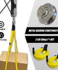 Rope Hoist Pulley System With Metal Bearing 4400lb Block And Tackle 8 To 1 Lift 65ft Heavy Duty With 2 Straps, showing lifting straps and bearing.