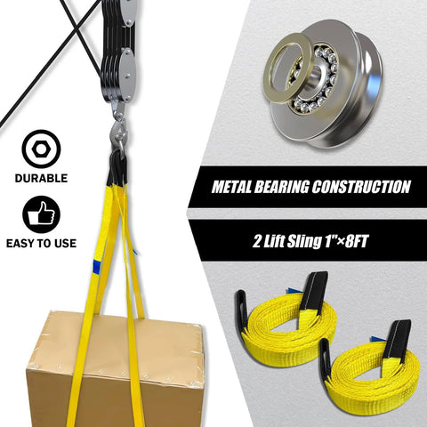Rope Hoist Pulley System With Metal Bearing 4400lb Block And Tackle 8 To 1 Lift 65ft Heavy Duty With 2 Straps, showing lifting straps and bearing.
