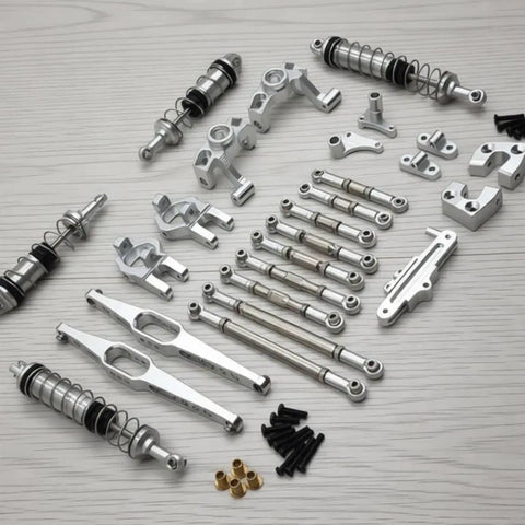 Sick Steel Steering Upgrade Linkage Set For Wltoys 12429 RC Car with silver metal parts and premium shock absorbers display.