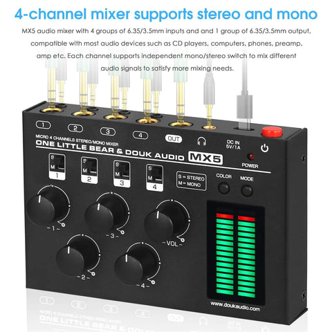 Four Channel Audio Mixer For Home Studio And Live Gigs With Independent Mono Stereo Switches Ultra Low Noise And LED Level Meter
