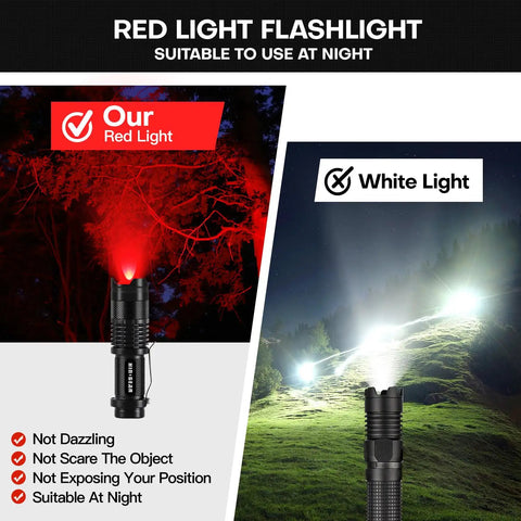 Red LED Flashlight With One Mode For Night Observation Astronomy And Aviation Two Pack Red Light Torch Powered By AA Battery Not Included comparing red and white light.